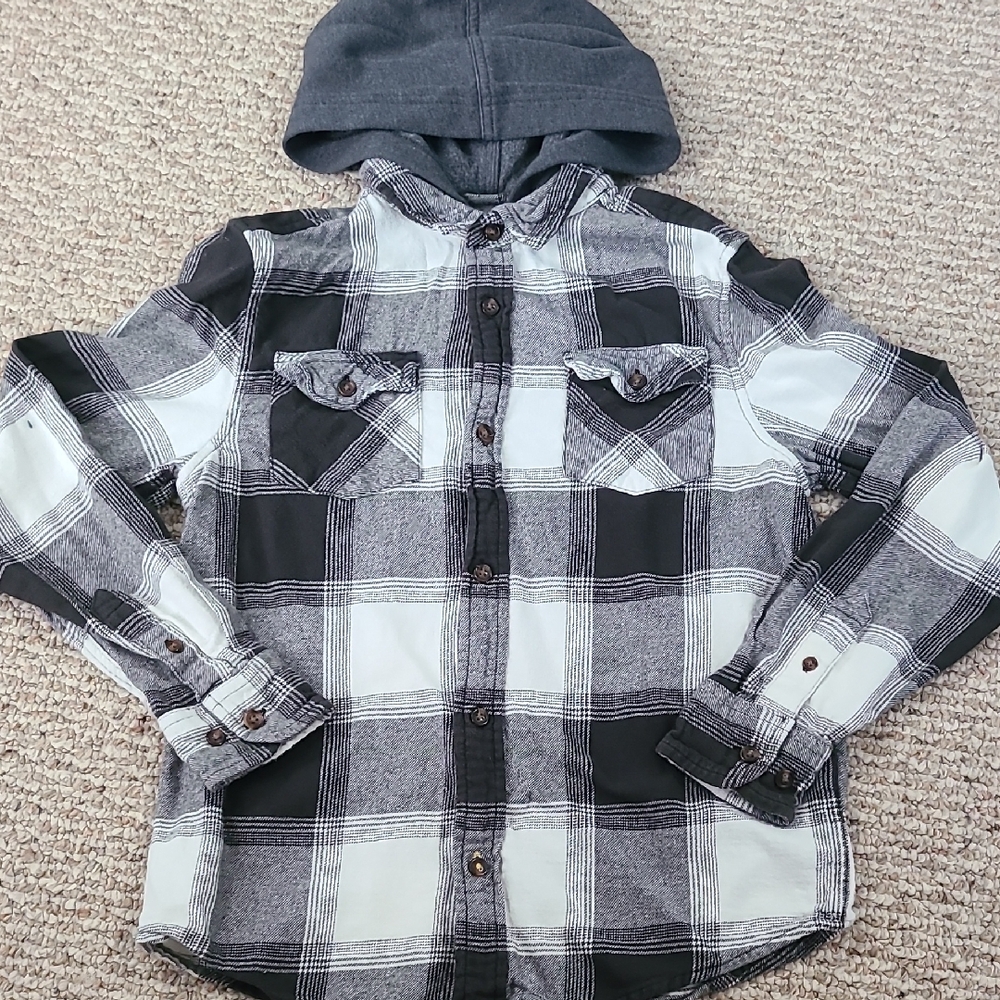 Sonoma Kids Plaid Button Down Shirt with Hood - Black and White